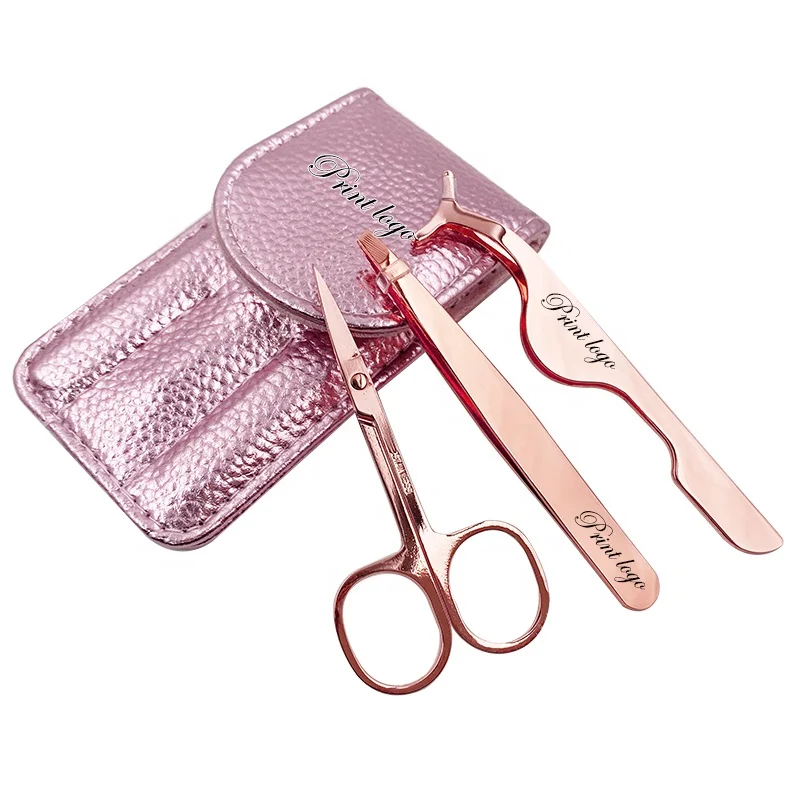 

Private Label 3 in 1 Stainless Steel Rose Gold Precise Eyebrow Tweezers Trimmer Scissors Lash Applicator Tools Kit with Bag