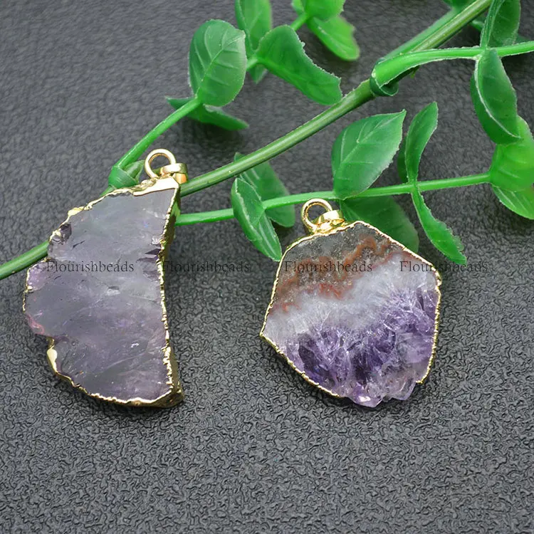 

Gold Plating Natural Druzy Amethyst Slice Moon Shape Stone Pendants