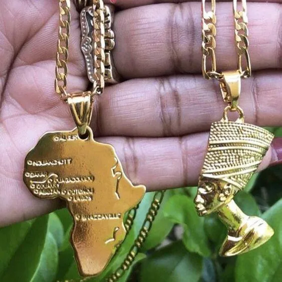 

Factory wholesale customizationHiphop 316L Stainless Steel Gold Chain Africa Map Pendant Alphbat African Map Necklace for woman