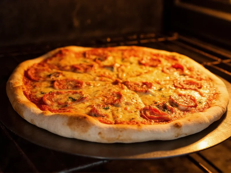 Golden pizza base on baking steel in oven