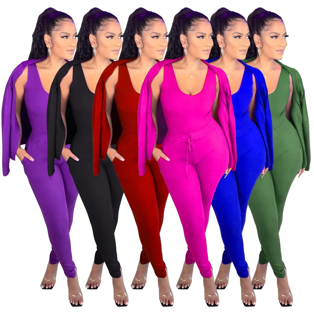 

New Fashion Women tracksuit set Casual Front Zipper Long Sleeve Jacket Tank Vest Slim Pants 3 Pieces Set Outfit Tracksuit, Picture show
