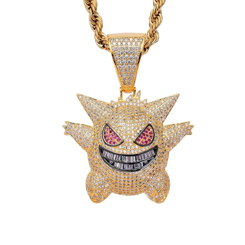 

Hip Hop Taki Clown Hair Gengar Pendant Necklace New Cubie Zirconia Stone 18k Plated Cute Devil Necklace Long Chain