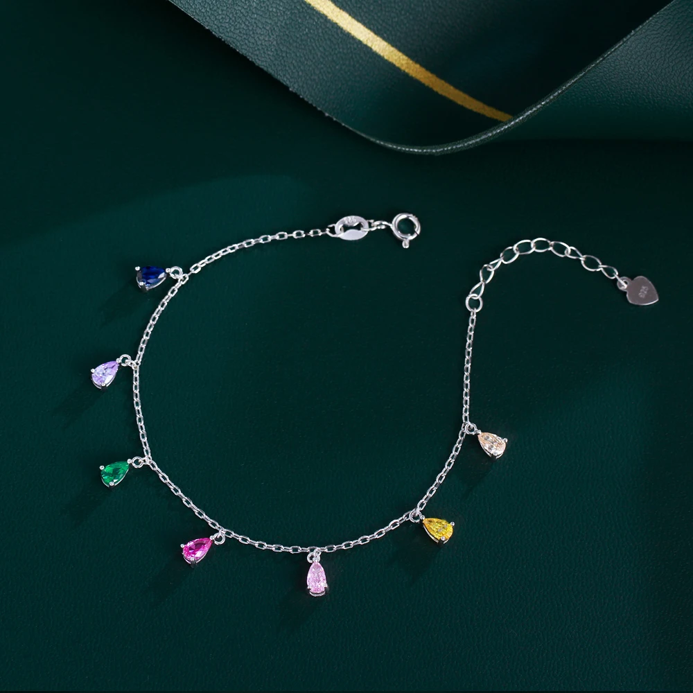 Colorful Water Drop Zirconia Boho Chic Adjustable 925 Sterling Silver Chain Bracelet for Women Beach Vacations Music Festivals