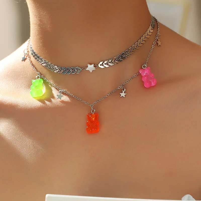 

Fashion Fancy Cute Candy Color Resin Gummy Bear Necklace Jewelry Star Charms Layered Choker Necklaces, Multi