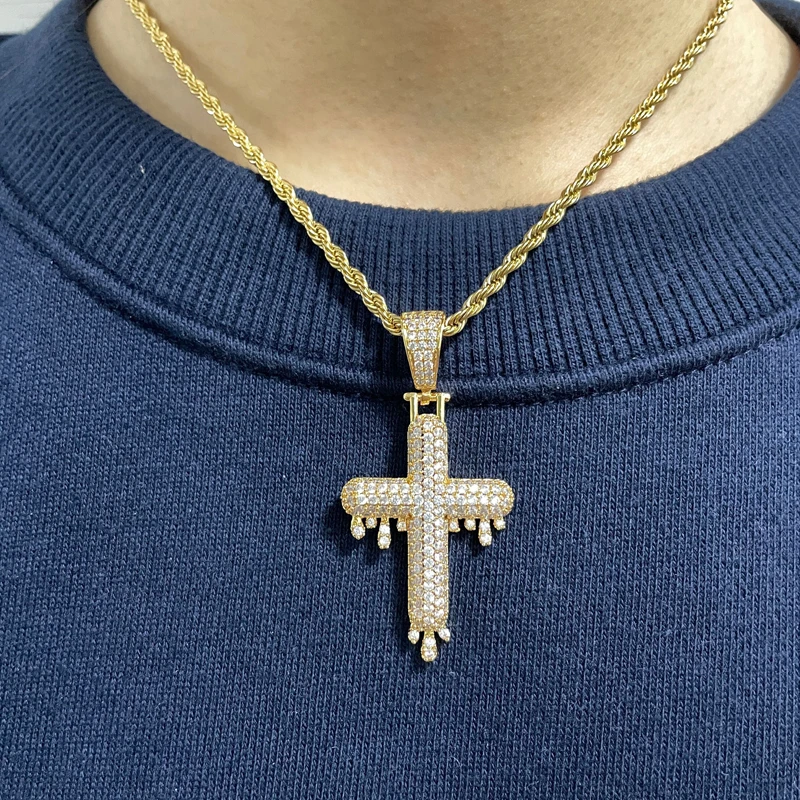 

New CZ Diamond Drip Crucifix Pendant Bling Gold Plated Charm Tiered Dripping Cross Necklace Religious Ice Out Jewelry