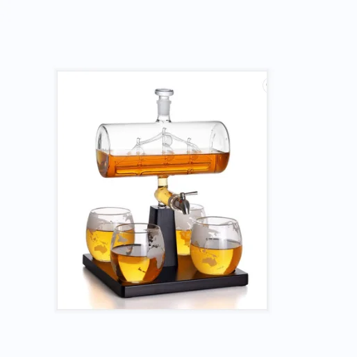 

Factory Price OEM Service Whiskey Glass Decanter With Antique Shape Wine Ship Decanter Set With 4 Globe Glasses Cups