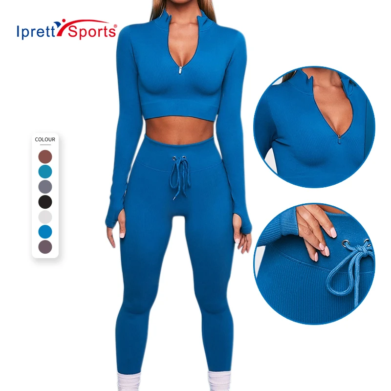 

2PCS Seamless Yoga Set Sexy Zipper Long Sleeve Drawstring High Waist Leggings Workout Clothes For Women Sportswear Women Set