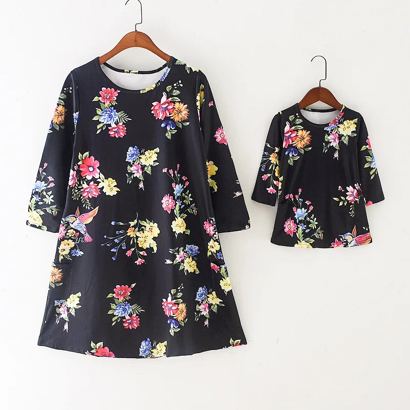 

Little girls and mommy clothing sets floral printed mother and girls A-line dress