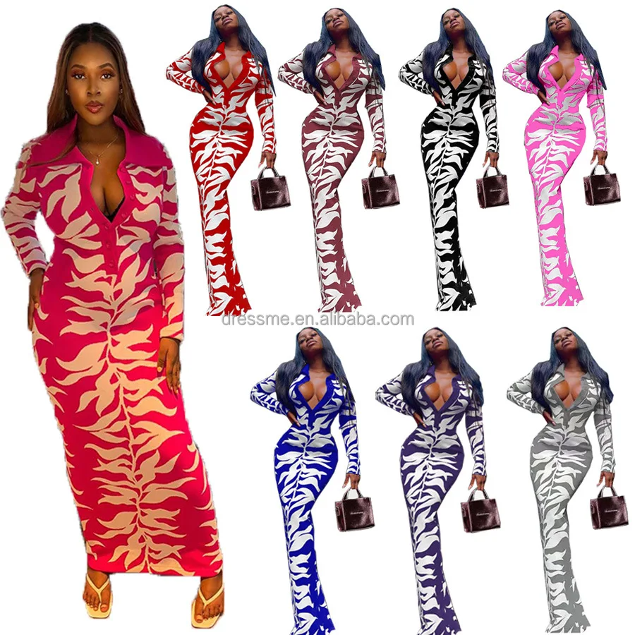 

MT446-0082 2021 Fall Breasted Long Sleeve Maxi Dresses Turn-down Collar Pure Color Print Dress Streetwear Shirt Dress Robe