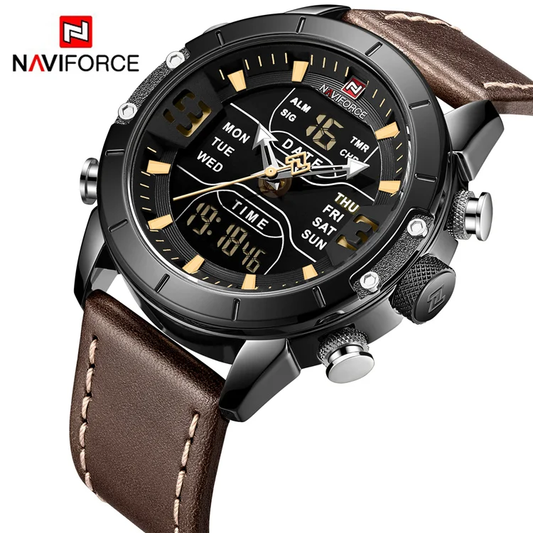 

Naviforce 9153L BYBN dual movement liquid crystal display quartz leather strap 3ATM waterproof sports men's watch