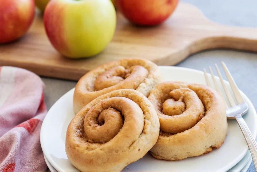 Presentation of freshly baked apple cinnamon rolls served on a rustic wooden board with coffee
