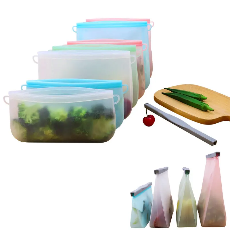 

Eco Friendly Eusable Resealable Standup Silicone Square Bags Freezer Food Storage Silicon Bag Set For Storing Fresh Food 4 Pack