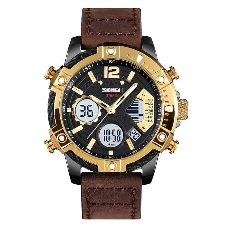 

SKMEI 1618 Men's Watch 3 Time Display Electronic Genuine Leather Quartz Watch Luminous Week Multi-function Watches