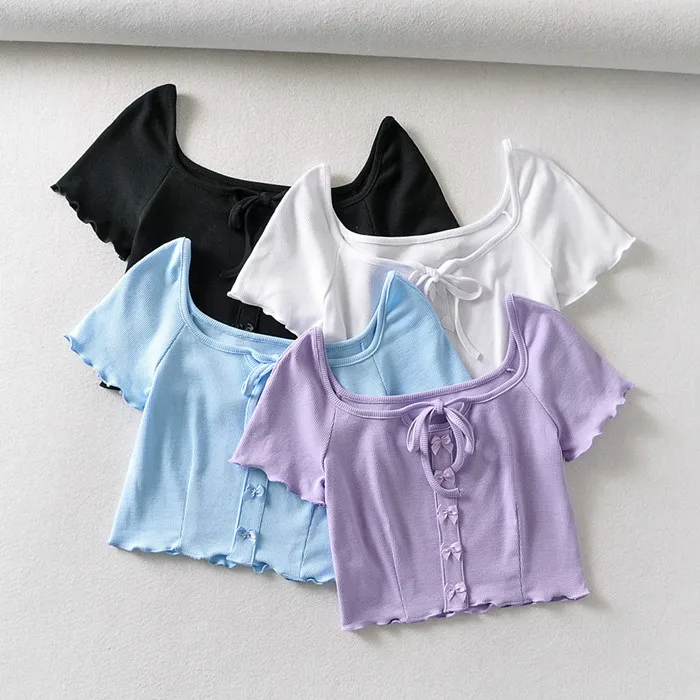 

cs40 Ladies Sweet Candy Color Square Neck Short Sleeve Knitted Shirts Crop Tops Women Summer Clothing