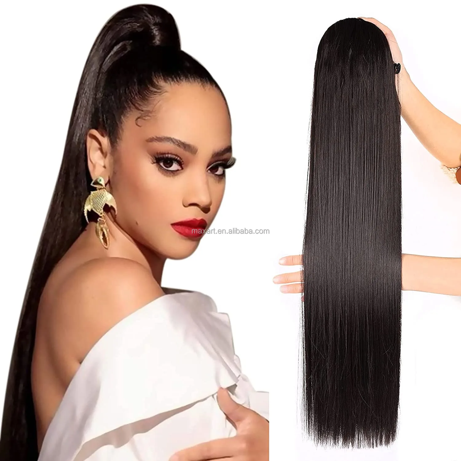 

Straight Hair Ponytail 2 Clips in Ponytail Hair Extensions Drawstring Ponytail for dance
