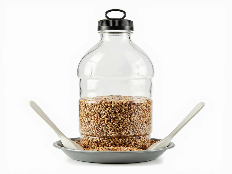 Plastic bottle feeder with wooden spoons inserted showing seed flow mechanism