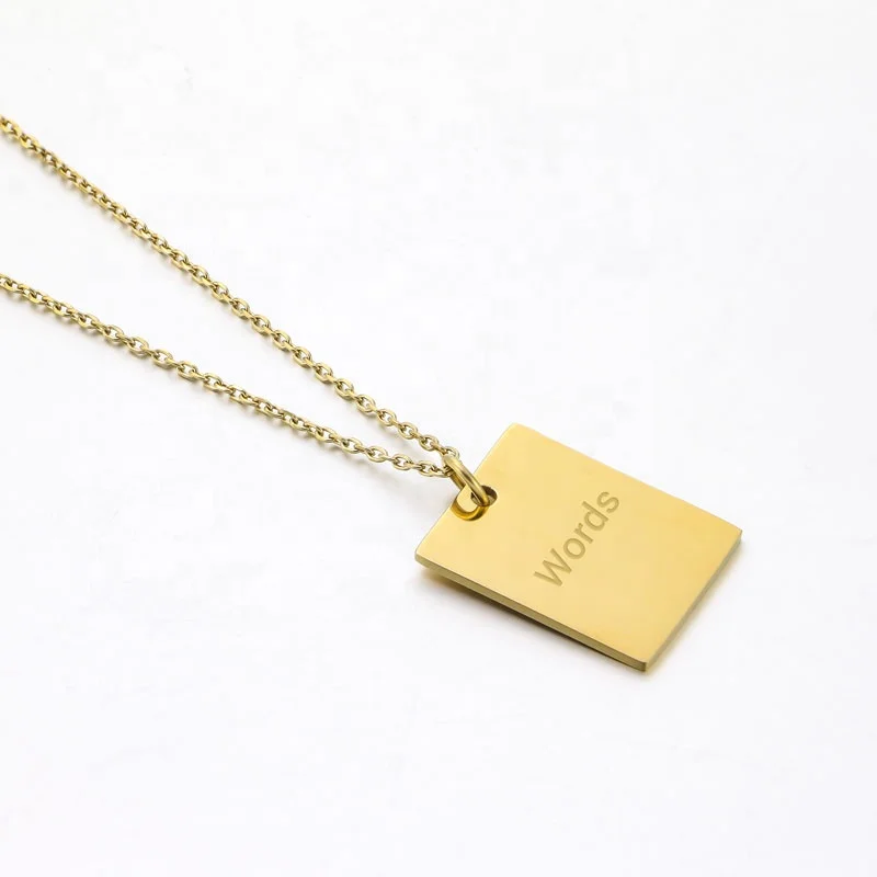 

Custom Logo 18K Gold Plated Stainless Steel English Initial Metal Square Pendant Letter Engraved Name Necklace for Woman