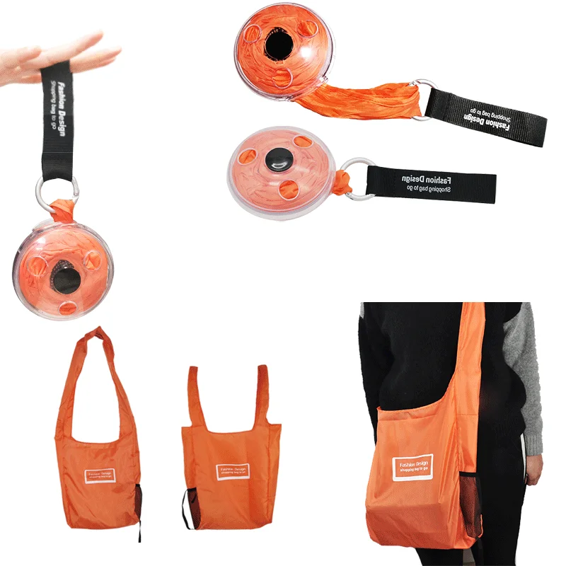 

Magic custom logo name brand aldi shopping bag roll up foldable in round small case, Pink/red/black/orange/blue