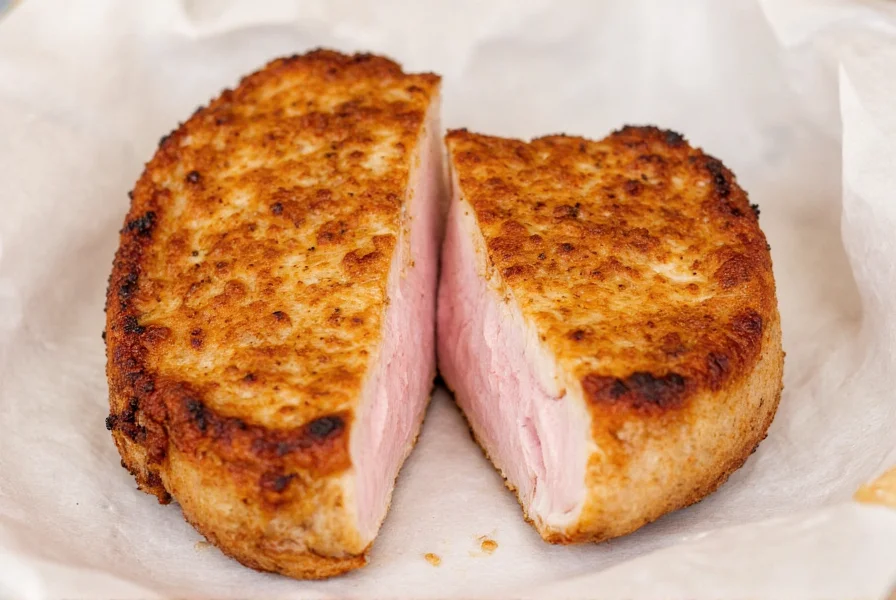 Perfectly cooked pork chop with golden crust, cross-section showing ideal medium doneness with slight pink center
