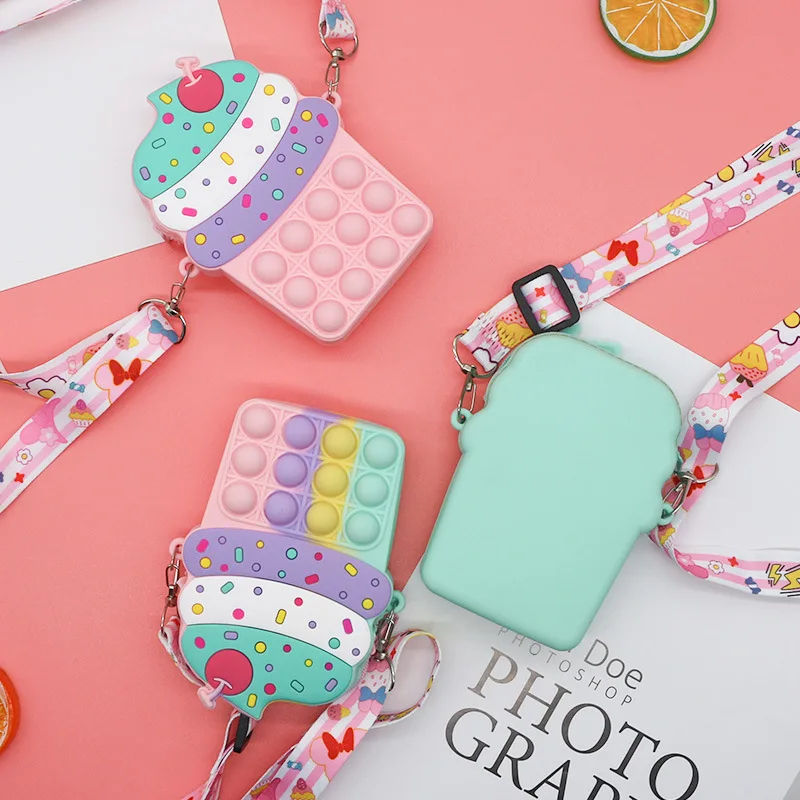 

New Fashion Design Rainbow Ice cream pop bag Cute kids purse mini handbags Sensory Fidget Bubble toy pop it silicone coin purse, 11 colors