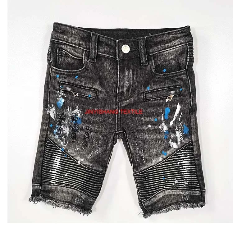 

In-Stock Raw Hem Pleated Paint Splatter Moto Biker Kids Short Jeans Little Boy Girl Trousers Denim Shorts Pants for Child