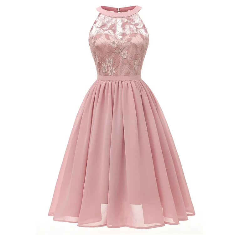 

2020 Trendy fashion o-neck sexy floral lace patchwork solid women cocktail dresses bridesmaid dresses