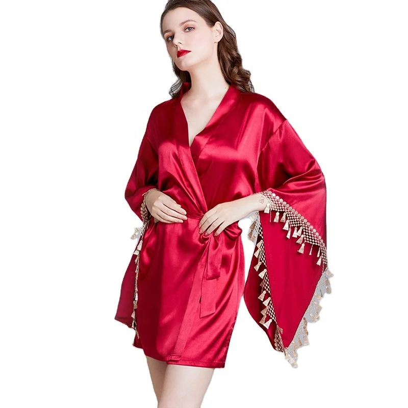 

Premium Satin Silk Nightgowns Loose Tassel Sleeve Nightwear Solid Red Women Silk Kimono Robes for Summer