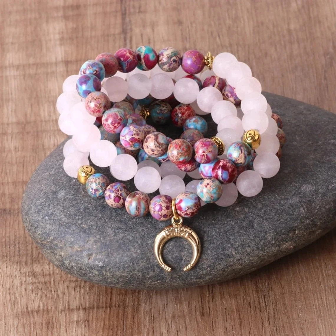 

Yoga Healing Natural Rose Quartz 108 Mala Stone 8mm Bead Gemstone Gold Plated Crescent Moon Necklaces