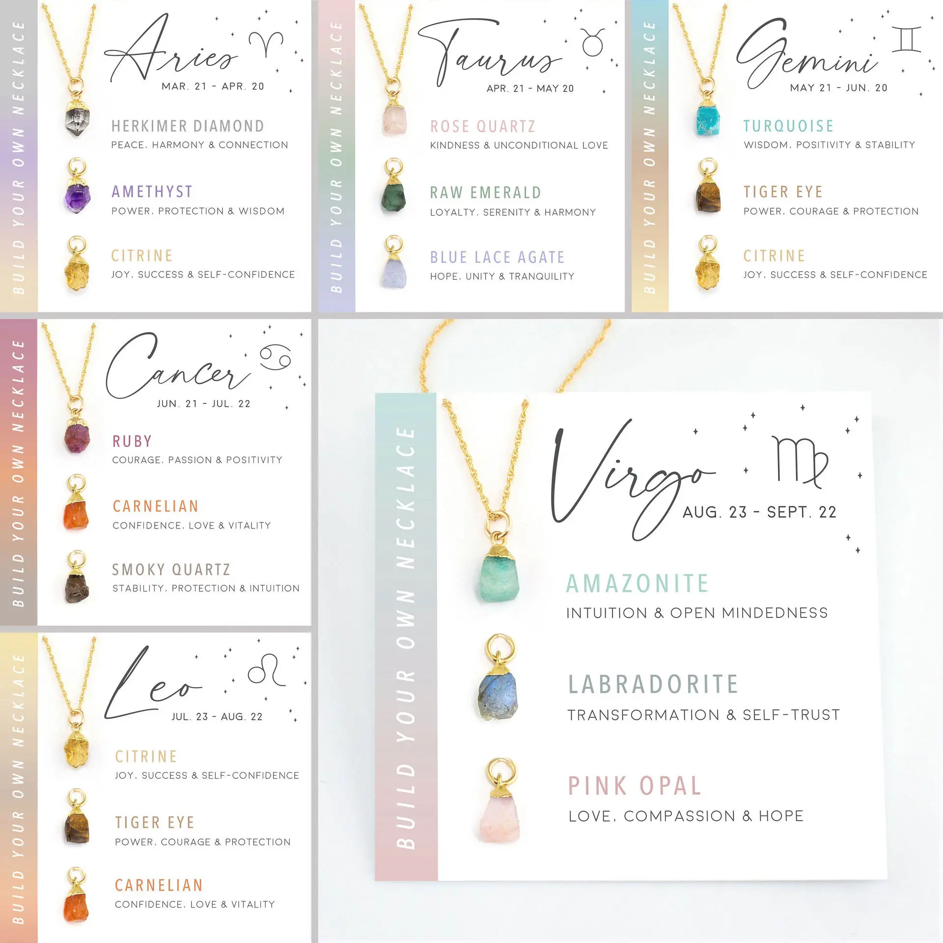 

New Natural Stone Healing Crystal Gemstone Birthstone Necklace Set For Women Genuine Raw Stone Pendant Zodiac Necklace With Card
