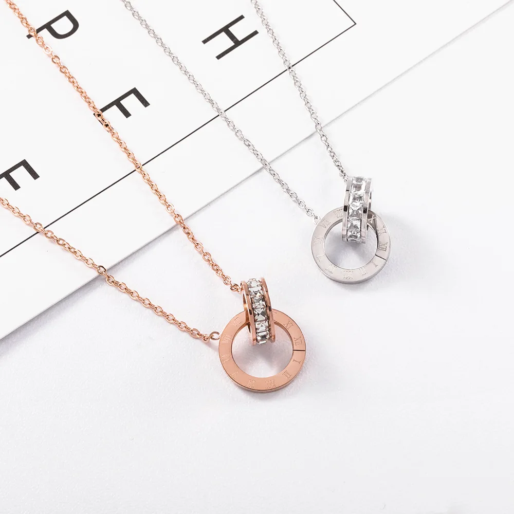 

Small Chain Stainless Steel Crystal Charms Necklace Double Ring Drilled Clavicle Chian Love Nail Necklace