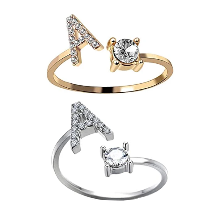 

2021 Fashion Hot Sale Gold Crystal Rings Jewelry Adjustable Silver Letter Initials Rings for Women