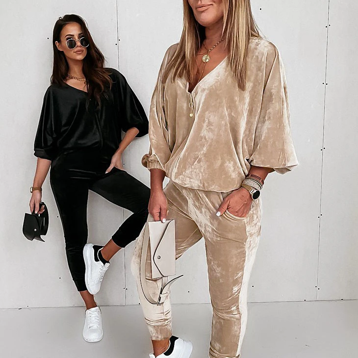 

Factory Wholesale Women's Elastic Velvet Casual Suit 2 Piece Pants Sets Casual Women, Picture shown