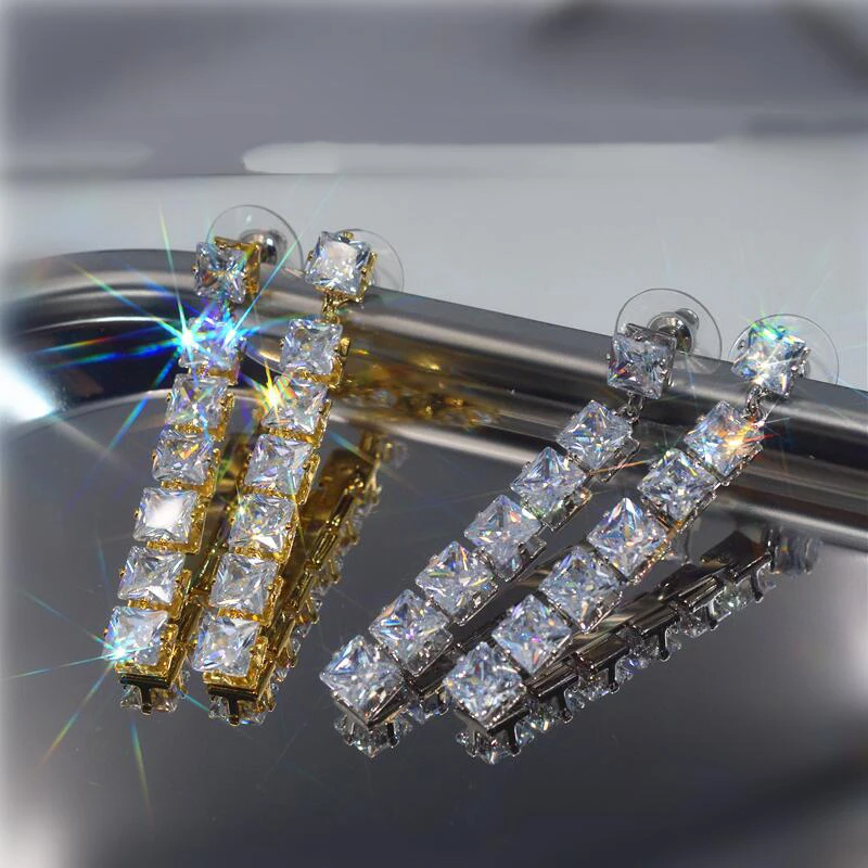 

High Quality Wholesale Fashion Jewelry KYED0282 CZ Earrings Square 3A Zircon Tassel earrings for Women