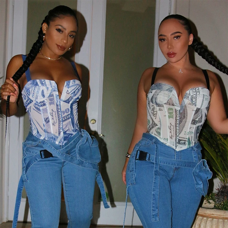 

2020 Fall Hot sell Women Sleeveless Sexy Corsets And Bustiers Money Print Corset Crop Top, Picture