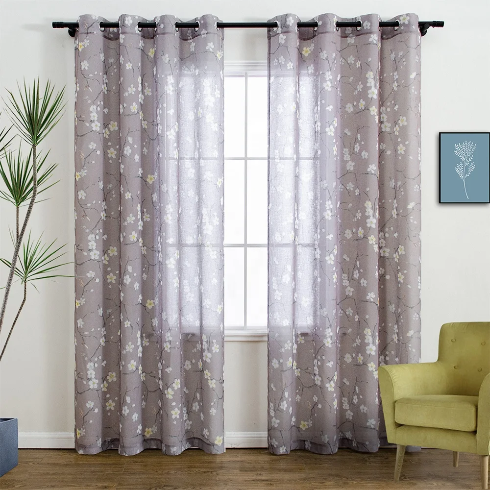 

Hot sell item in Ebay Amazon linen floral printing sheer grommet ready American style window tulle curtains wholesale factory