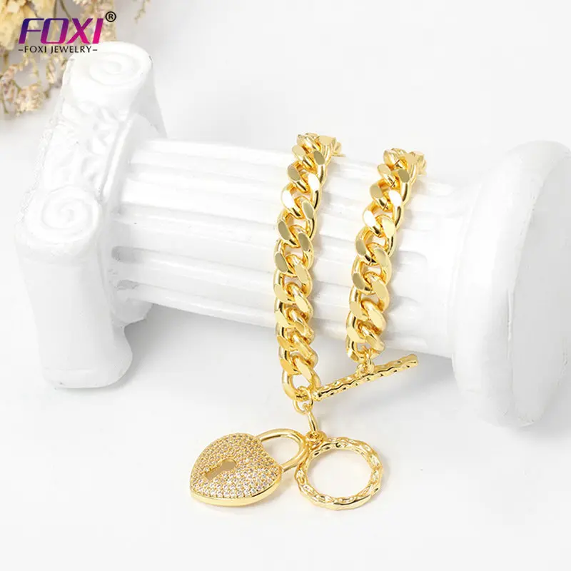 

2020 New Arrival 18K Gold Plated Curb Cuban Link Chain Punk Style Coin Heart Charm Medal Statement Bracelets