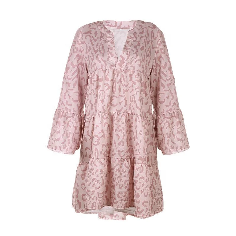 

2021 New Women Printed Long-sleeved Casual Loose V-neck Leopard Stitching Dress