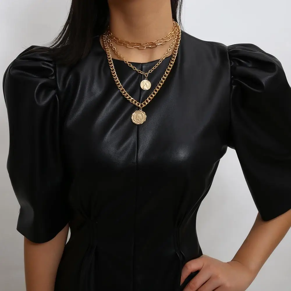 

SHIXIN 2020 New Arrivals Punk Multi layer Gold Coins Pendant Necklace Set for Women Fashion Neck Jewelry Collar