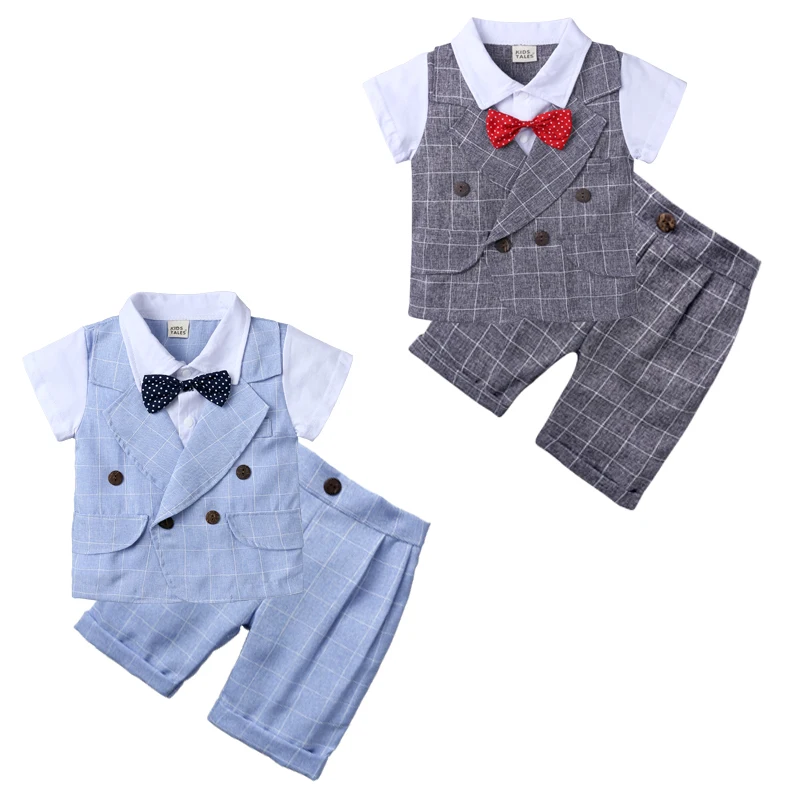 

summer kids gentleman plaid clothing tie short sleeves shorts children boys clothes sets, As picture