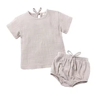 

RTS Infant Girls Boys Summer Outfits Crepe Blank Short Sleeve Top String Bloomers Baby Muslin Cloth Set