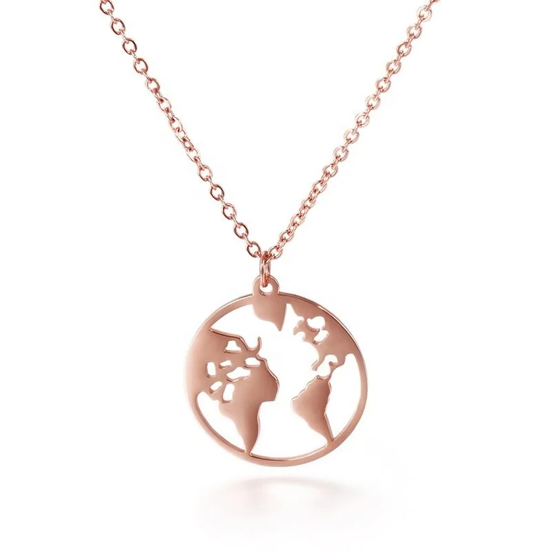 

Hot Sale Fashion Simple Style Minimalist 316L Stainless Steel Hollow Out Double Design World Map Pendant Necklaces, Silver,gold,rose gold