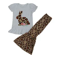 

Children boutique short sleeve bunny pattern printing clothes with leopard pants two pieces Easter girls outfits