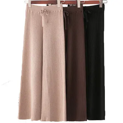 

Khaki Knitted Women'S Wide-Leg Pants High-Waist Lace-Up Women'S Bottoms Loose And Thin Casual Straight-Leg Pants XQM