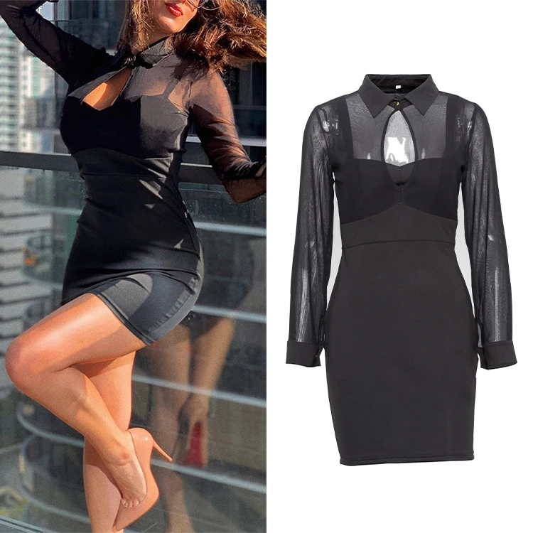 

Woman Clothes 2021 Trending Fashion Hollow-Out Turn Down Collar Mini Ladies Dresses Mesh Black Sexy Dresses Women Ropa Mujer