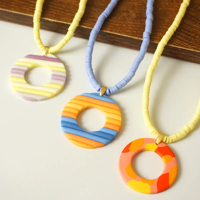 

OUYE jewelry small discs colorful clay necklace bohemian casual holiday style round geometric pendant clay necklace female, Color