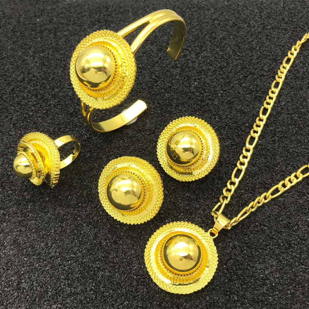 

Ethiopian Gold Trendy Eritrean Habesha African Traditional Wedding Party Jewelry Sets Pendant Necklace Clip Earring Ring Bangle