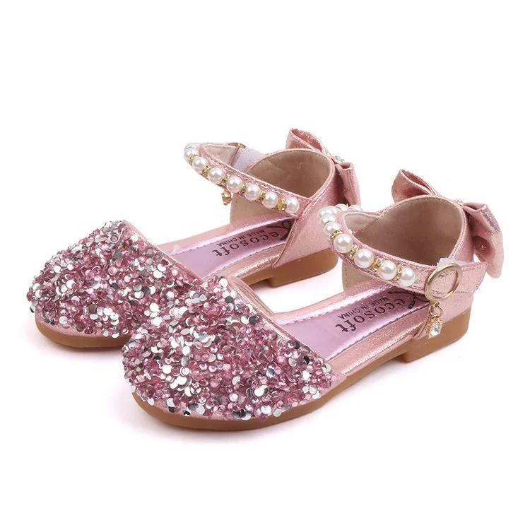 

spring summer children flat bling sequin kid diamond pearl princess girl party dance footwear bow insole low cut mary jane shoes, Silver/pink/gold