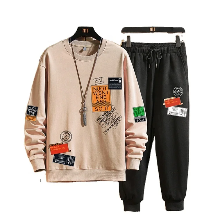 

new fashion set for men Trendy Letter Print Round tracksuit Sweatshirt Fashion Loose hoodie set men