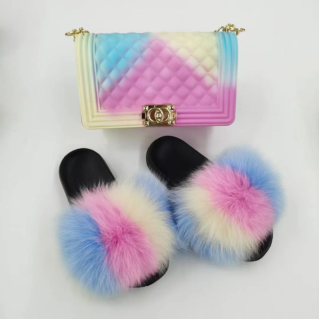 

Hot sale fashionable colorful bags and fur slippers purse and fur slides set, Customized color