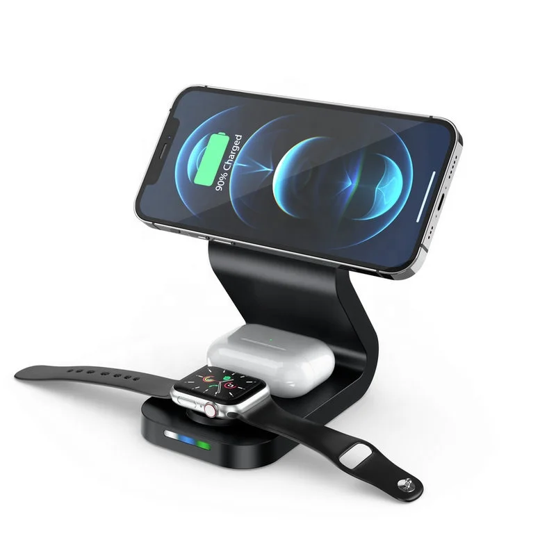 

Multifunctional 3 In 1 15W Qi Fast Wireless Charger Universal Magnetic Phone Stand Wireless Charging Dock Station With LED Lamp, White, black
